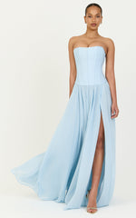 Eugene Maxi Dress - Contrast Strapless Fit And Flare High Split Dress in Blue