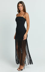 Evie Maxi Dress - Crepe Fringed Shift Dress in Black