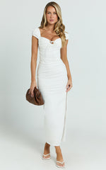 Farrow Midi Dress - Cap Sleeve Ruched Bust Fitted Dress in Off White