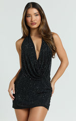 Felix Mini Dress - Plunge Cowl Backless Hotfix Dress in Black