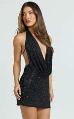 Felix Mini Dress - Plunge Cowl Backless Hotfix Dress in Black