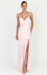 Georgie Maxi Dress - Satin V Neck Bias Cut Slip Dress in Pink