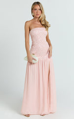Georgina Maxi Dress - Sequin Strapless Front Split Dress in Pink