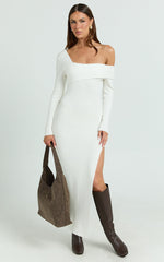 Gladys Maxi Dress - Asymmetric Shoulder Long Sleeve Knit Dress in Cream