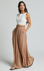 Hany Pants - High Waist Drawstring Wide Leg Pants in Latte