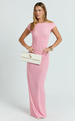 Harrison Maxi Dress - Off Shoulder Ruche Wide Waistband Long Skirt Mesh Dress in Pink