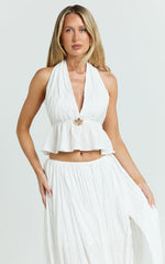 Heidi Top - Deep V Halter Neck Tie Brooch Detail Pleated Peplum Top in White