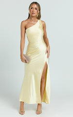 Isla Maxi Dress - Satin One Shoulder Side Split Dress in Lemon