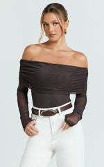 Jaythen Bodysuit - Long Sleeve Off Shoulder Ruched Mesh Bodysuit in Chocolate