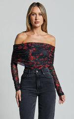 Jaythen Bodysuit - Long Sleeve Off Shoulder Ruched Mesh Bodysuit in Red Rose