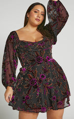 Jessell Mini Dress - Long Sleeve Cowl Corset Dress in Black Floral