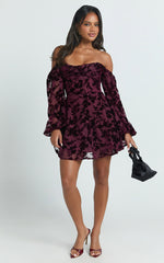 Jessell Mini Dress - Long Sleeve Cowl Corset Dress in Wine Burnout
