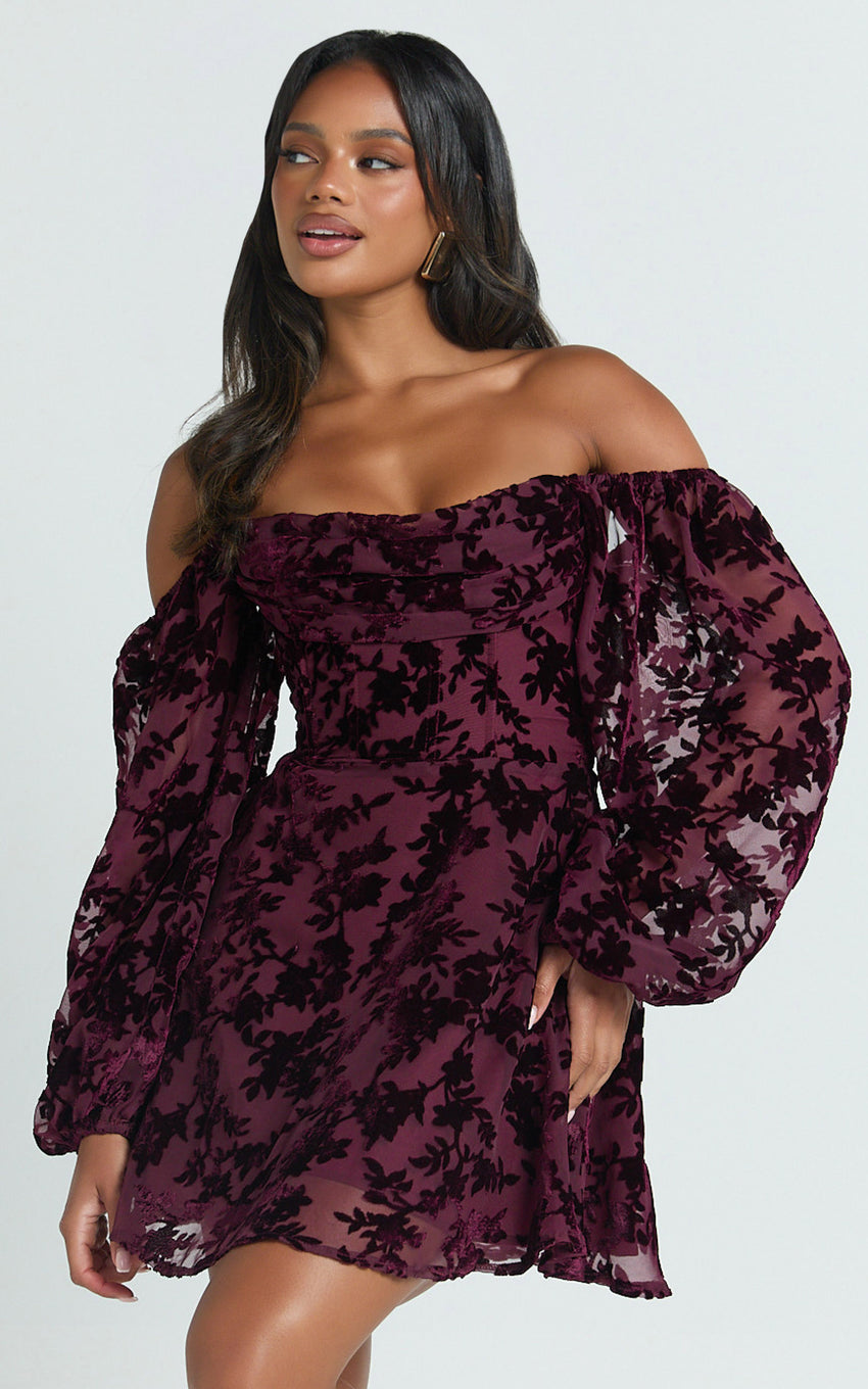 Jessell Mini Dress - Long Sleeve Cowl Corset Dress in Wine Burnout