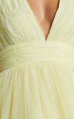 Jiraye Midi Dress - Flutter Sleeve Tuelle Plunge Dress in Lemon