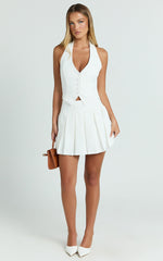 Kady Playsuit - Halter Button Down Vest Pleated Skirt Playsuit in White