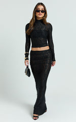 Kathleen Maxi Skirt - Mid Rise Ruched Wide Band Fishtail Jersey Skirt in Black