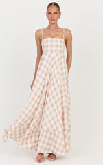 Katrien Maxi Dress - Strappy Empire Waist Flare Dress in Beige and White Check