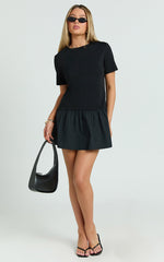 Kym Mini Dress - Tee Shirt Top Drop Waist Gathered Full Skirt Dress in Black