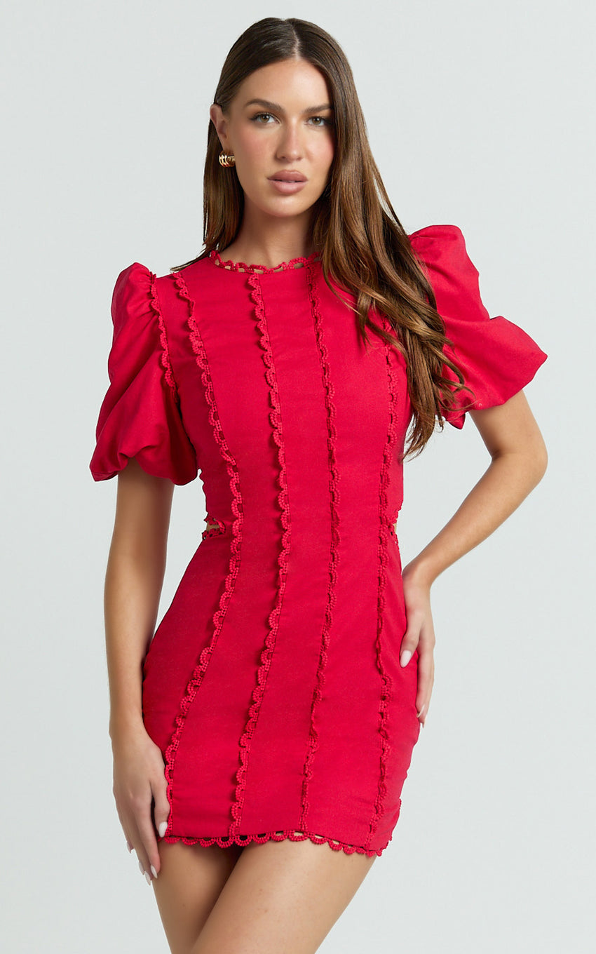 Laila Mini Linen Blend Dress - High Neck Side Cut Out Puff Sleeve Straight Dress in Red