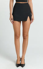 Larah Mini Skort - Mid Rise Leg Split Fitted Skort in Black