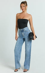 Leauna Jeans - Rhinestone Embellished High Waist Wide Leg Jeans in Mid Blue Wash