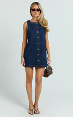 Leia Mini Dress - High Neck Mock Button Down Mini Dress in Dark Blue Wash