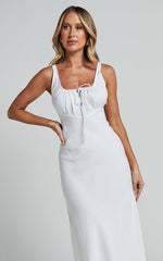 Lucas Midi Dress - Ruched Bust Linen Dress in White