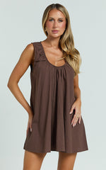 Lucinda Mini Dress - Deep U Gathered Neck Smock Dress in Chocolate