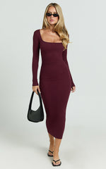 Lucy Midi Dress - Ribbed Side Ruched Bodycon Dress in Wine
