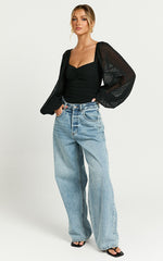 Lunara Bodysuit - Textured Ballon Sleeve Bodysuit in Black
