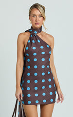 Maddox Mini Dress - Scarf Neck Low Tie Back Slip Dress in Polka Dot Print