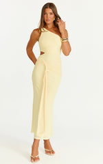 Mandy Midi Dress - Knot Detail Cut Out Mesh Dress in Lemon