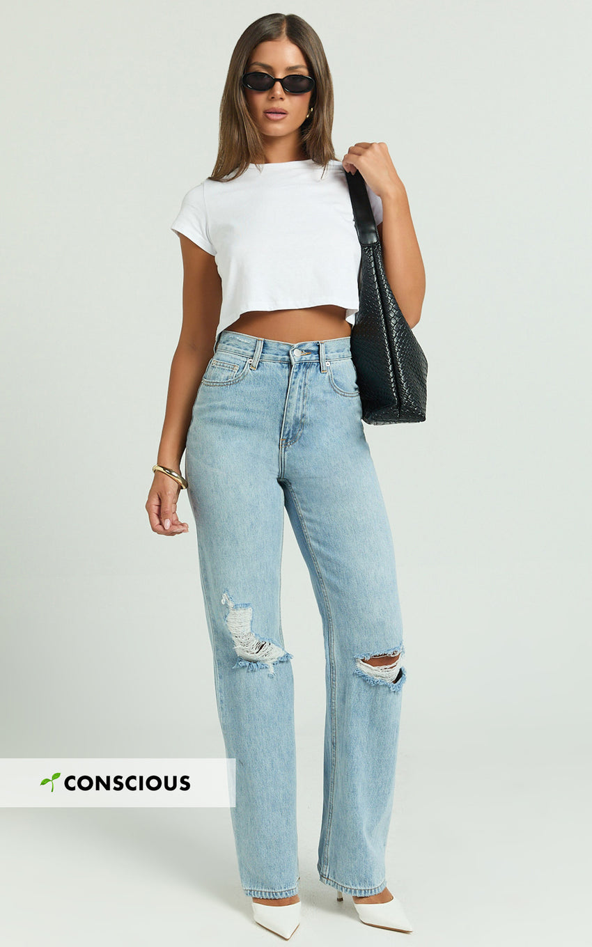 Miho Jeans - High Waisted Recycled Cotton Distressed Straight Leg Denim Jeans in Mid Blue Wash