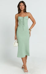 Mikayla Midi Dress - Linen Scoop Neck Ruched Bust Corset Waist Bias Skirt Dress in Sage