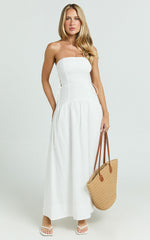 Mikkie Midi Dress - Strapless Drop Waist Side Detailing Dress in White