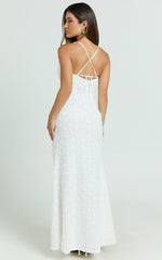 Mimi Maxi Dress - Embroidered Cowl Neck High Split Dress in White