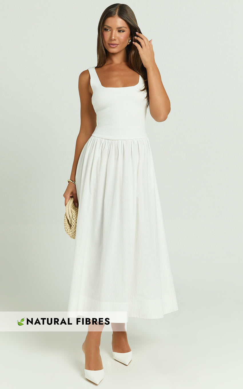 Murphy Midi Dress - Scoop Neck Straight Drop Waist Gathered Skirt Knit And Poplin Dress in White