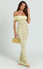 Nalani Maxi Dress - Lace Off Shoulder Column Bodycon Dress in Lemon