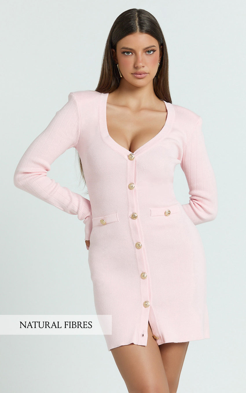 Nikka Mini Dress - Long Sleeve V Neck Bodycon Knit Dress in Pink