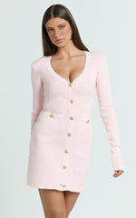 Nikka Mini Dress - Long Sleeve V Neck Bodycon Knit Dress in Pink