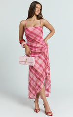 Pascal Midi Dress - Mesh Spaghetti Strap Split Dress in Cherry Check Print