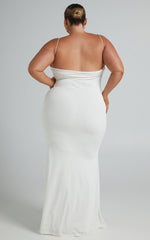 Tasteful Maxi Dress - Cowl Neck Bodycon Thigh Split Dress in White