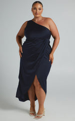 Felt So Happy Midi Dress - One Shoulder Drape Dress in Navy