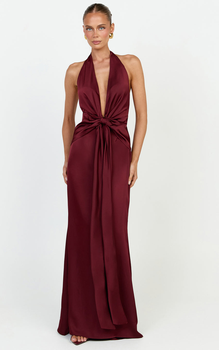 Raven Maxi Dress - Deep V Neck Tie Front Satin Dress in Wine