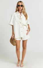 Rhianna Top - Oversized Recycled Denim Short Sleeve Shirt in Ecru with Contrast Tobacco Stitch