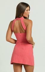 Ricki Mini Dress - Linen Halter Neck Shift Dress in Red