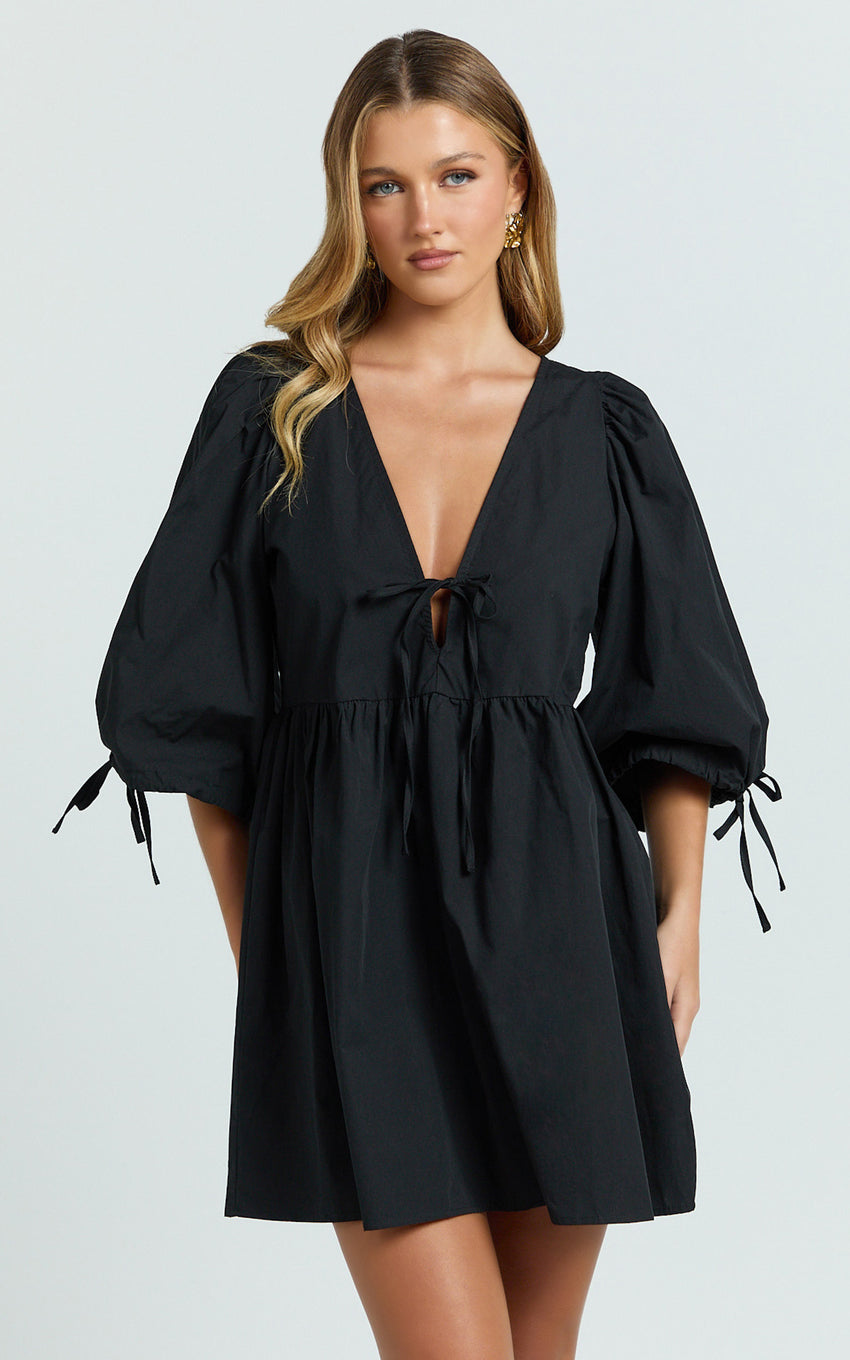 Rosita Mini Dress - Tie Front Puff Sleeve Dress in Black