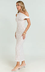 Sally Midi Dress - Stretch Lace Twist Off Shoulder Dress in White