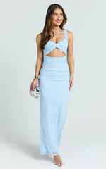 Selene Maxi Dress - Lace Front Twist Cut Out Bodycon Dress in Baby Blue
