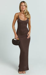 Shailene Maxi Dress - Chain Strap Scoop Neck Knitted Maxi Dress in Chocolate